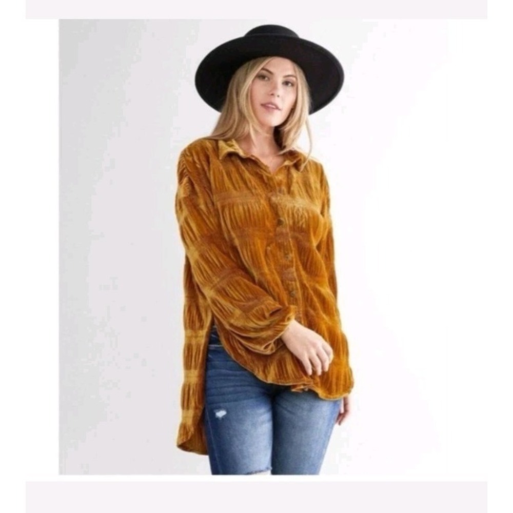 Free People My Best Crinkle Velvet Button Shirt Women's S Oversized Boho - Picture 3 of 6